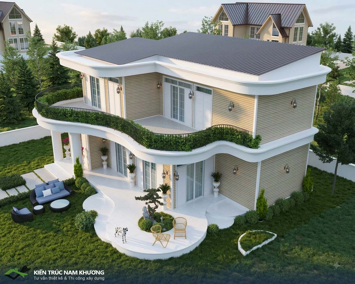 Thiết kế nhà chữ L 2 tầng hiện đại