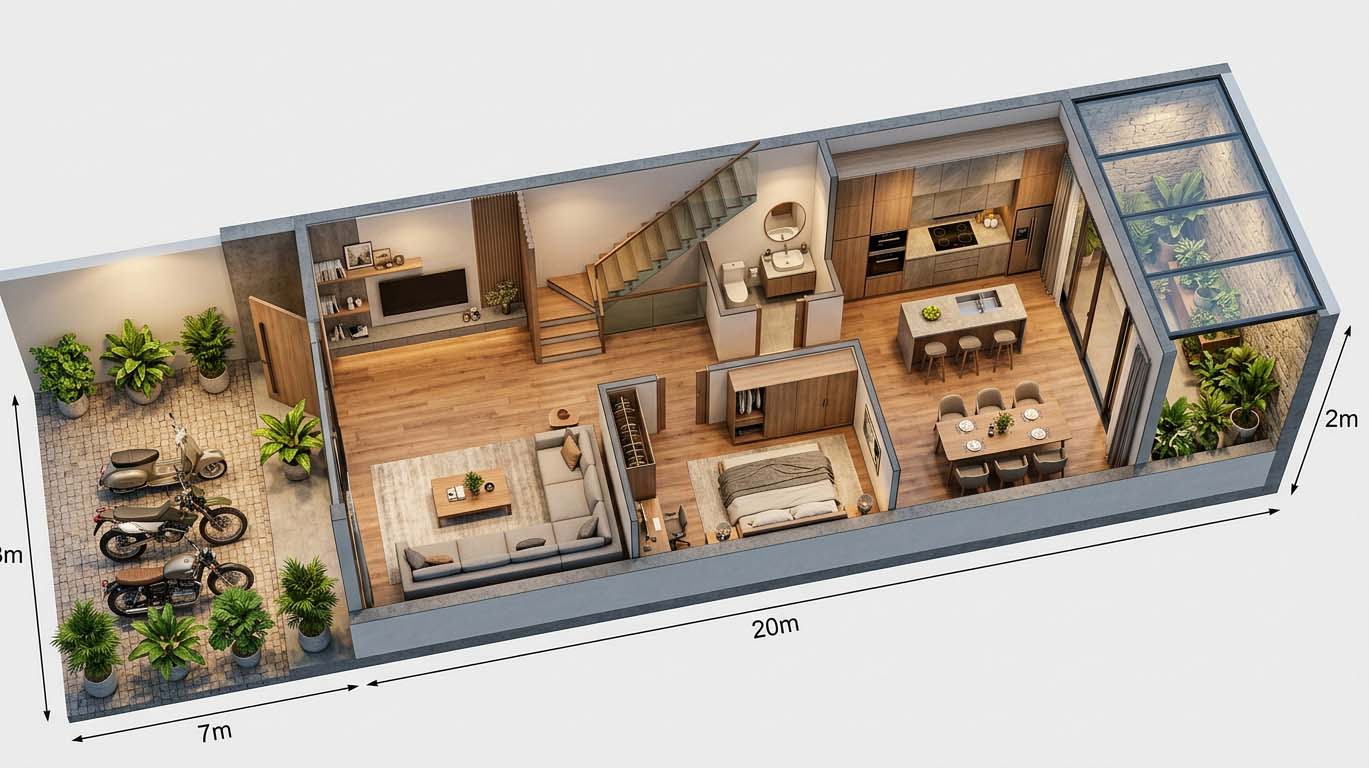 Thiết kế mặt bằng 3d 7 mét 