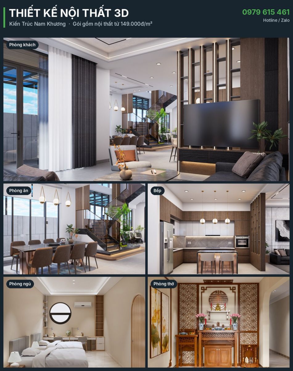 Thiết kế nội thất nhà phố 3D phòng khách, bếp, phòng ngủ – Kiến Trúc Nam Khương
